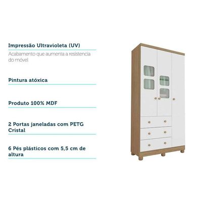 Guarda Roupa 3 Portas c/ (2 Cristal) e 3 Gavetas Uli Branco/Amendoa - Peroba