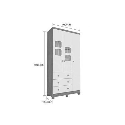 Guarda Roupa Bebê c/ 3 Portas (2 Cristal) e 3 Gavetas Uli Branco/Amendoa - Peroba