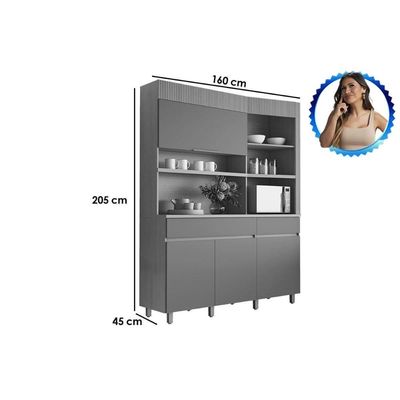 Cozinha Compacta Realeza c/ 4 Portas 5 Nichos e 2 Gavetas 160cm Carvalho/Titânio - Nesher