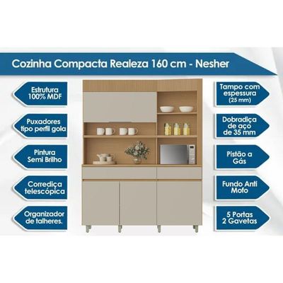Cozinha Compacta Realeza c/ 4 Portas 5 Nichos e 2 Gavetas 160cm Carvalho/Titânio - Nesher