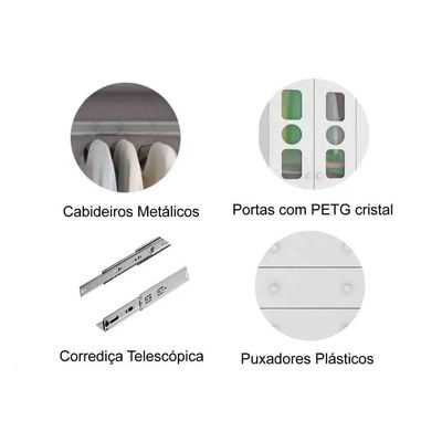 Guarda Roupa Bebê c/ 4 Portas (2 Cristal) e 3 Gavetas Tedy Branco/Amendoa - Peroba