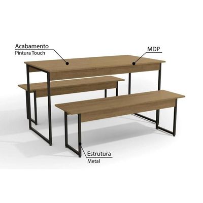 Mesa p/ Cozinha Industrial LI013 c/ Tampo Madeirado 136x72cm c/ 2 Bancos Canela/Branco - Kappesberg