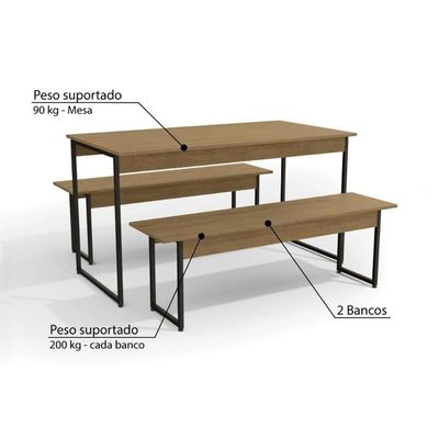 Mesa p/ Cozinha Industrial LI013 c/ Tampo Madeirado 136x72cm c/ 2 Bancos Canela/Branco - Kappesberg