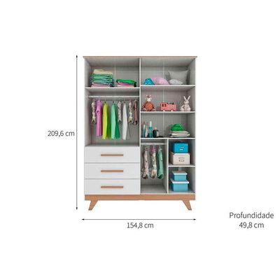 Guarda Roupa Bebê c/ 4 Portas (2 Cristal) e 4 Gavetas Retrô Branco/Amendoa - Peroba