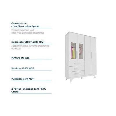 Guarda Roupa Bebê c/ 4 Portas (2 Cristal) e 4 Gavetas Retrô Branco/Amendoa - Peroba