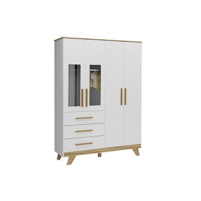 Guarda Roupa 3 Portas c/ 4 Portas (2 Cristal) e 4 Gavetas Retrô Branco/Amendoa - Peroba