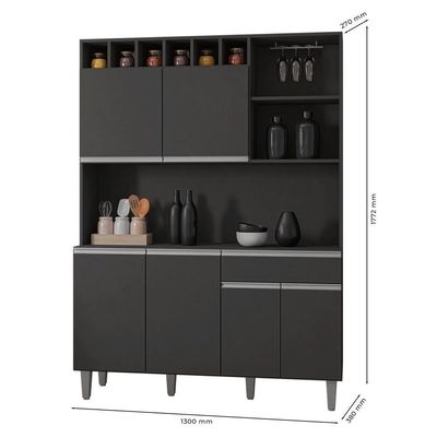 Kit Cozinha Compacta 130cm Com 6 Portas 1 Gaveta Alice Cinza Escuro - Ajl Móveis