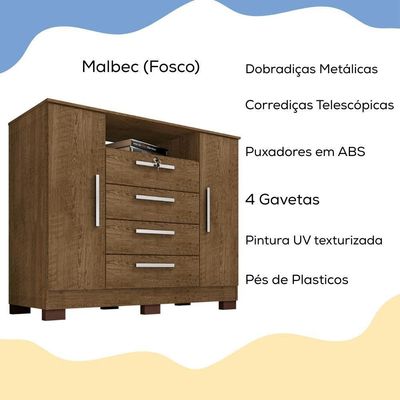 Comoda Rack 2 Portas 4 Gavetas Madri 121 Cm Malbec Incp