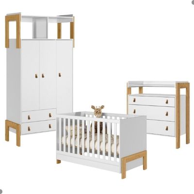 Conjunto Infantil Branco Acetinado: Berço Mini Cama + Cômoda + Guarda-roupa 3 Portas 2 Gavetas