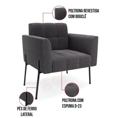 Poltrona Sala De Estar Pé De Ferro Pto Kit 2 Elisa Bouclê D03 - D?rossi Cor Grafite