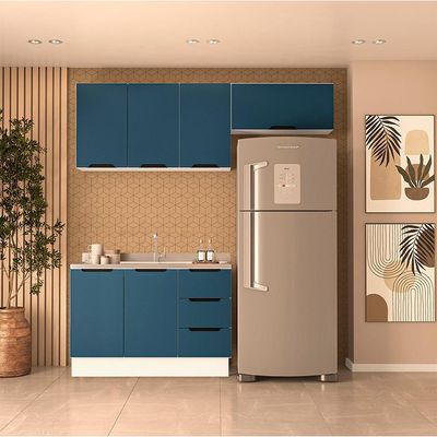 Cozinha Compacta sem Tampo com Rodapé Meena 6 Portas 3 Gavetas Azul e Branca