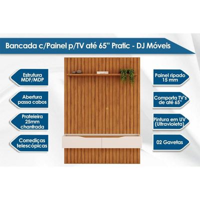 Rack Bancada c/ Painel p/ TV até 65 Pol Pratic Ripado 2 Gavetas 183x240cm Bali - DJ Móveis