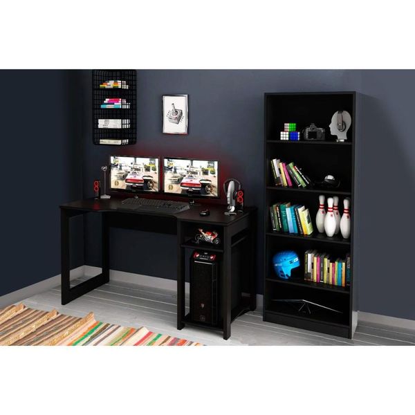 Mesa Computador Quarto Gamer ( de Computador + Estante) 2 Peças Preto - Tecno Mobili