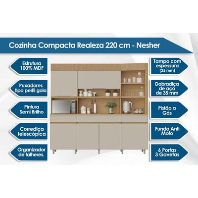 Kit de Cozinha Compacta Realeza c/ 6 Portas e 3 Gavetas 220cm Carvalho/Titânio - Nesher