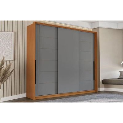 Guarda Roupa 3 Portas de Correr e 4 Gavetas Lisboa Freijo/Cinza - Politorno