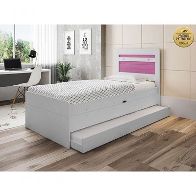Cama Baú Solteiro Branco Rosa Com Auxiliar E Colchões