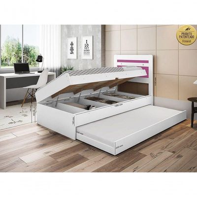 Cama Baú Solteiro Branco Rosa Com Auxiliar E Colchões