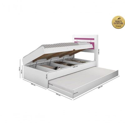 Cama Baú Solteiro Branco Rosa Com Auxiliar E Colchões