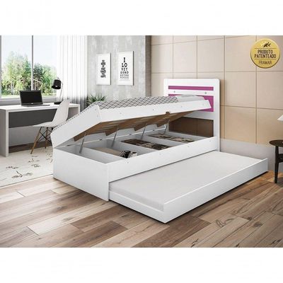 Cama Baú Solteiro Branco Rosa Com Auxiliar E Colchões