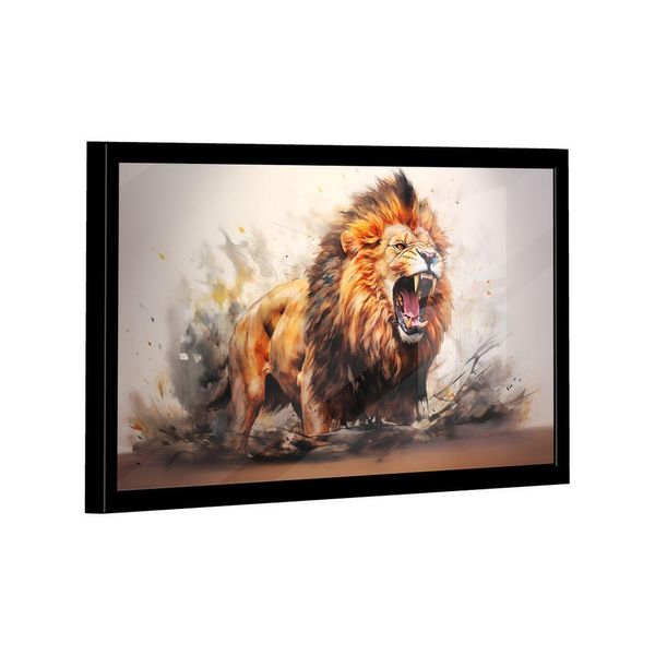 Quadro Decorativo Leão Majestoso Aquarela 84x54 Moldura Preta e Vidro