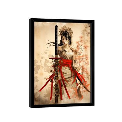 Quadro Decorativo Gueixa Bege 60x40 Moldura Preta