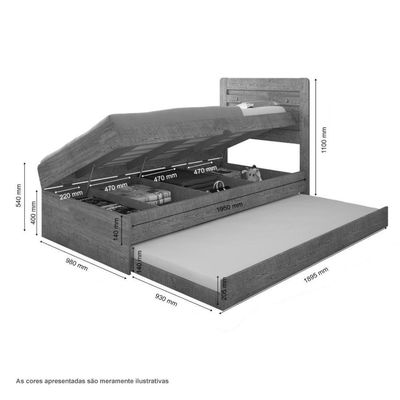 Cama Baú Larissa Solteiro Naturale E Off White Com Auxiliar Framar