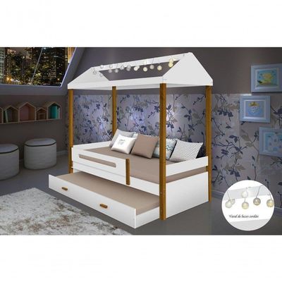 Cama Casa Sara Branco/Mel Com Cordão De Luzes Led E Cama Auxiliar