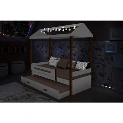 Cama Casa Sara Branco/Mel Com Cordão De Luzes Led E Cama Auxiliar