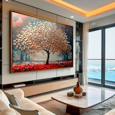 Quadro Decorativo árvore Dourada Com Lindas Folhas 150x100cm Moldura Dourada