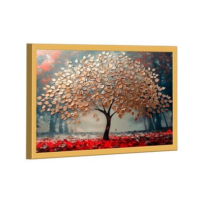Quadro Decorativo árvore Dourada Com Lindas Folhas 150x100cm Moldura Dourada