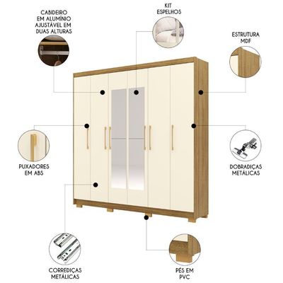 Guarda Roupa Casal 223cm Com Espelho Pernambuco Nature/champanhe - Vila Rica