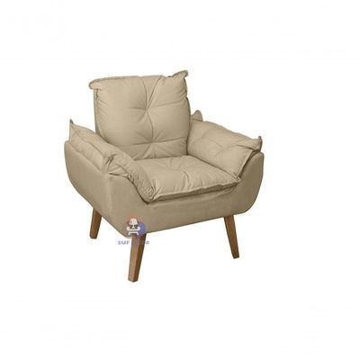 Poltrona/cadeira Decorativa E Puff Glamour 0pala Bege Linho Com Pés Quadrado Bege Linho