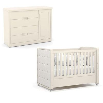 Berço Americano Com Capitonê New Boucle E Cômoda Infantil Tutto New Off White - Matic