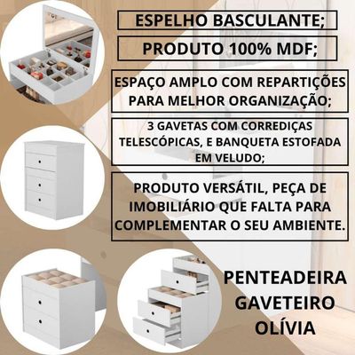 Penteadeira Cômoda Gaveteiro Com Banqueta Embutido Mdf Espelho Basculante Branco