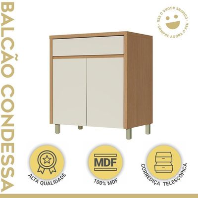 Balcao 2 Portas 1 Gaveta 80cm 100% Mdf Condessa Carvalho/greige Nesher Móveis