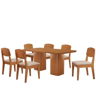Mesa De Jantar Eloise 180cm Tampo Mdf 6 Cadeiras Moderna Veludo Creme/naturale