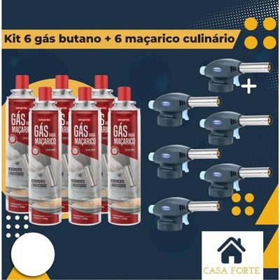 Kit 6 Pc Maçarico Portátil Culinário E 6 Cartuchos De Gás Para Maçaricos