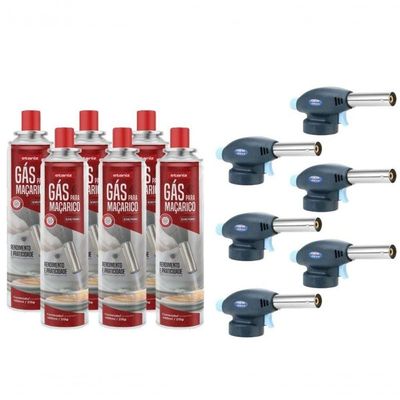 Kit 6 Pc Maçarico Portátil Culinário E 6 Cartuchos De Gás Para Maçaricos