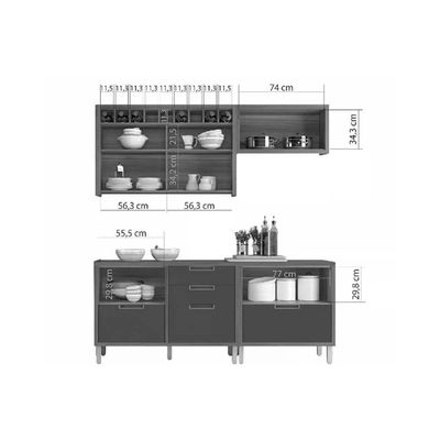 Cozinha Modulada Completa Imperatriz 4 Peças 2 Aéreos + 2 Balcões C6p44 Freijó Grafite