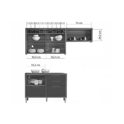 Cozinha Modulada Completa Imperatriz 3 Peças 2 Aéreos + 1 Balcão C6p45 Freijó Grafite