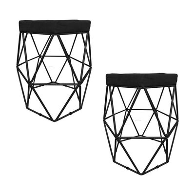 2 Puffs Decorativo Hexagonal Aramado Preto Suede Preto