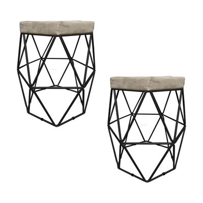 2 Puffs Decorativo Hexagonal Aramado Preto Suede Bege
