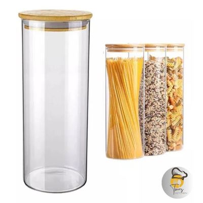 Pote De Vidro Hermético 1200ml Com Tampa De Bambu Kit 2 Unidades
