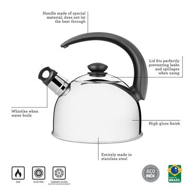 Chaleira Tramontina Com Apito Em Aço Inox Cabo Preto 3 L