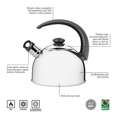 Chaleira Tramontina Com Apito Em Aço Inox Cabo Preto 3 L