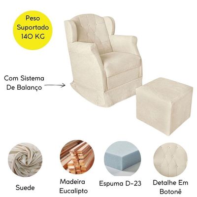 Kit Poltrona Amamentação Com Puff Confortável Serena Suede Cor:bege