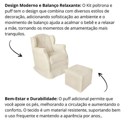 Kit Poltrona Amamentação Com Puff Confortável Serena Suede Cor:bege