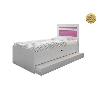 Cama Baú 0,88 Larissa Com Auxiliar Em Mdf Framar Branco Rosa