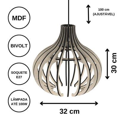 Luminária Teto Tipo Pendente Diana Mdf - Completa Cor: Preta