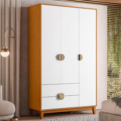 Guarda Roupa Ipê 3 Portas 2 Gavetas Com Pés Madeira Maciça Cinamomo/Branco